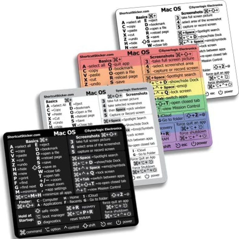 SYNERLOGIC (4-Pack Black/White/Clear/Rainbow) Mac OS Reference Keyboard Shortcut Sticker – Vinyl – Size 3.25″x2.7″ for Intel MacBook Pro Air iMac Mini