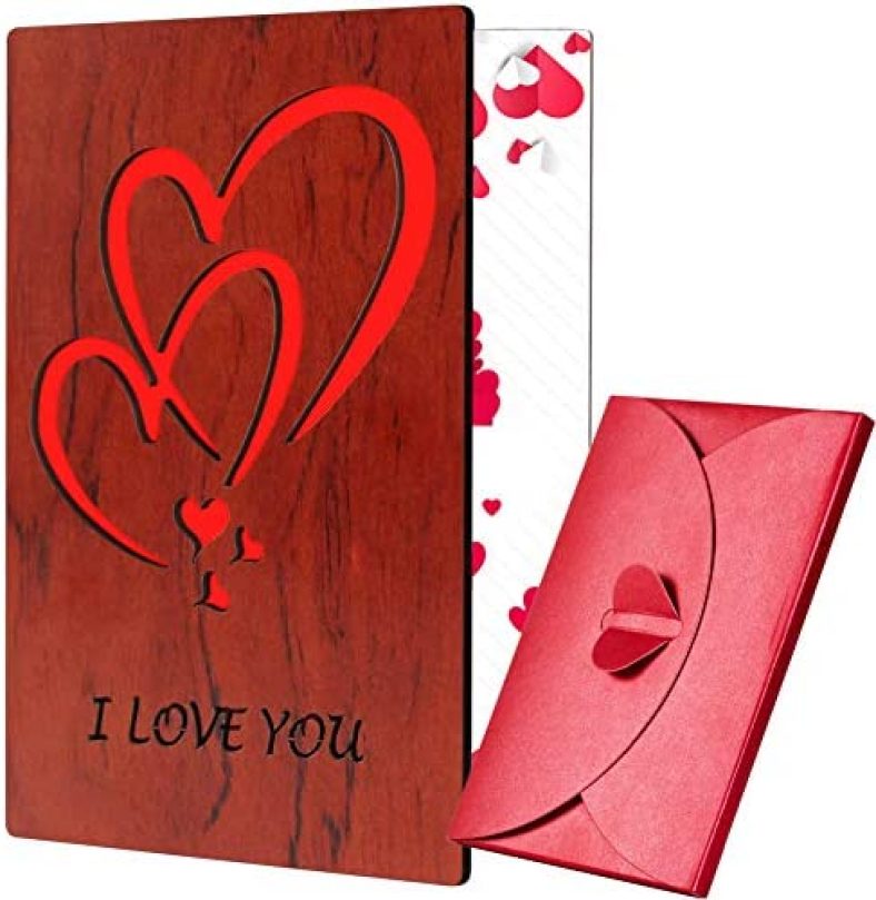 Breezy Valley Valentines Day Cards for Her Him, I Love You Wood Gifts for 5th Anniversary for Husband Wife, Happy Birthday Card for Boyfriend Girlfriend, Wooden Greeting Card with Red Heart Envelope