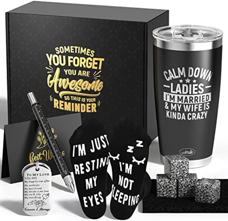 Gifts for Husband, Unique Husband Gifts, Husband Birthday Gifts with Tumbler, Whisky Stones, 6 in 1 Multitool Pen, Funny Socks and Keychain, Best Gift for Husband from Wife