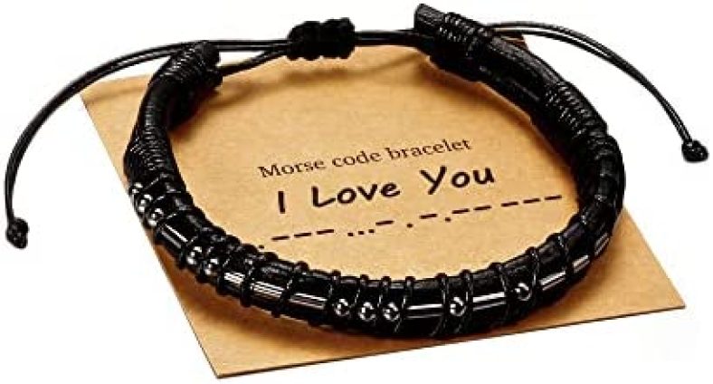 Morse Code Bracelets Gifts for Men, Gunmetal Beads on Leather Bracelets for Men Inspirational Gifts for Mens Jewelry Unique Valentine’s Day Fathers Day Birthday Gifts for Boyfriend Dad Best Friend