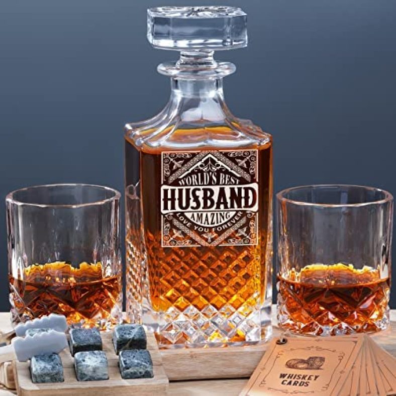 PONPUR Gifts for Men Husband, Decanter Set with 2 Whisky Glasses, Cool Anniversary Fathers Day Gift Idea for Him Husband from Wife, Unique Birthday Valentines Presents for Drinking Lovers