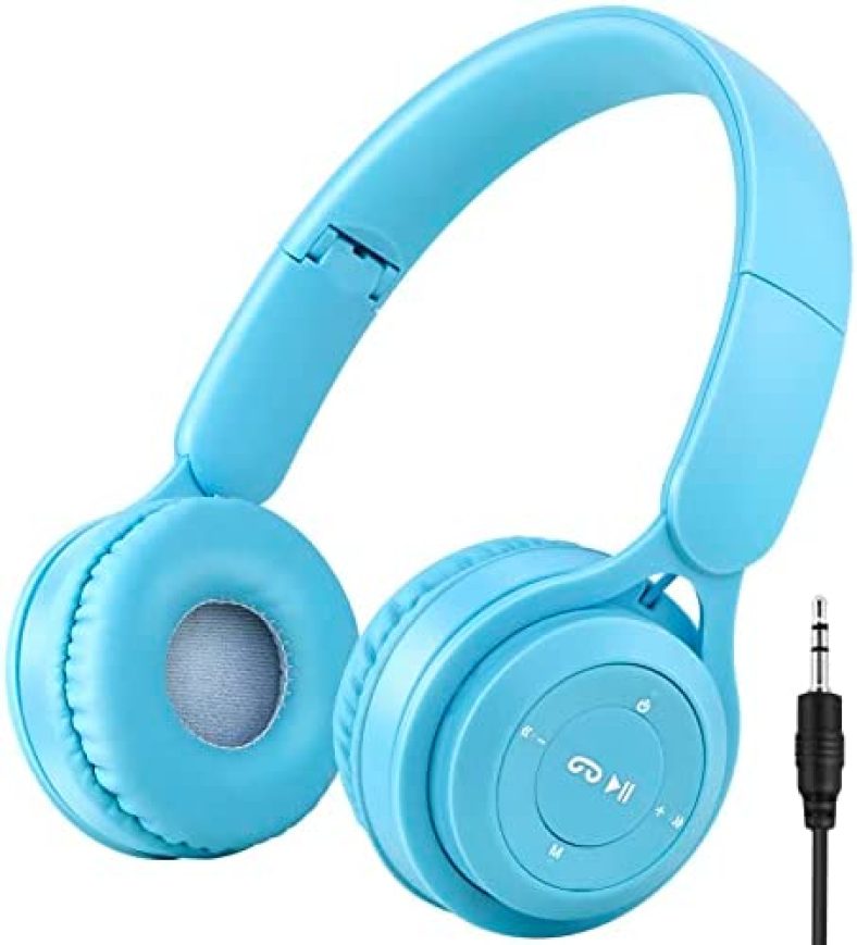 Kids Bluetooth Headphones, Wireless Headphones for Kids with Built-in Microphone, Over Ear Foldable Stereo-Bass Aux 3.5mm Cord, Wireless Bluetooth Headsets for Children Boys Girls School (Blue)