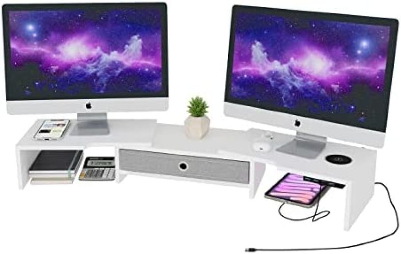 LAPTAIN Dual Monitor Stand Riser with Wireless Charging and 4 USB 3.0 Hub Ports, Computer Stand with Adjustable Length and Angle, Desktop Organizer for PC Monitor Laptop MacBook