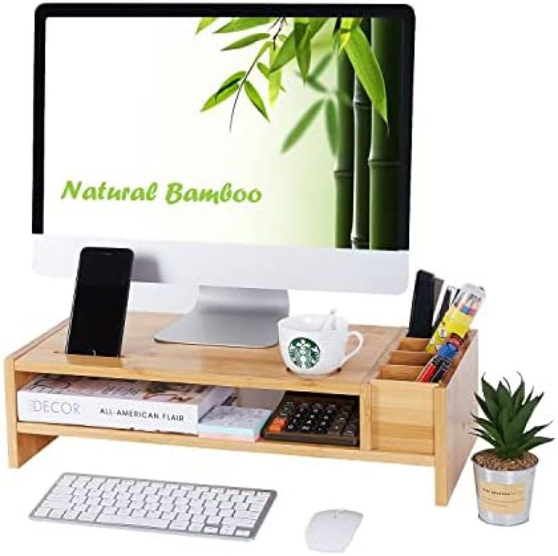 NXN-HOME 2-Tier Bamboo Monitor Stand | Wood Desk Organizers and Accessories | Laptop Computer Monitor Riser with Adjustable Storage Accessories