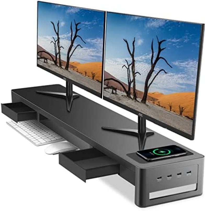 Meatanty Dual Monitor Stand Riser with 2 Drawers,4 Usb Ports and Charging Pad,Metal Monitor Stand for 2 Monitors Supports Transfer Data and Charging,Desk Organizer for PC,iMac(38.7 x 7.9 x 4.3 inches)