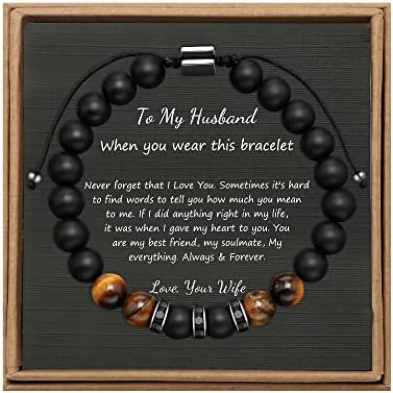 JoycuFF Tiger Eye Mens Bracelet Gifts Anniversary Birthday Father’s Day Christmas Gifts for Boyfriend Dad Son Husband 8mm Adjustable Protection Bead Bracelet for Him