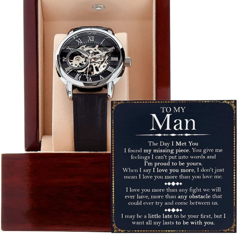 Men’s Openwork Watch With Special Message Card To My Man Openwork Watch, Husband Gift from Wife, Husband Gift Just Because Luxury Watch Gift Him, Father’s Day Watches Mahogany style Watch