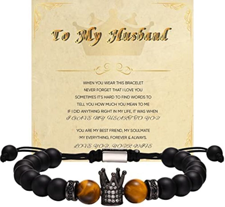 VNOX Handmade Bracelet Gifts For Men | Handmade Tiger Eye Beaded Crown Bracelets For Men Yoga Beads Stress Relief Gift For Men | Small Holiday Birthday Christmas Valentine’s Day Gifts For Him Boyfriend Husband