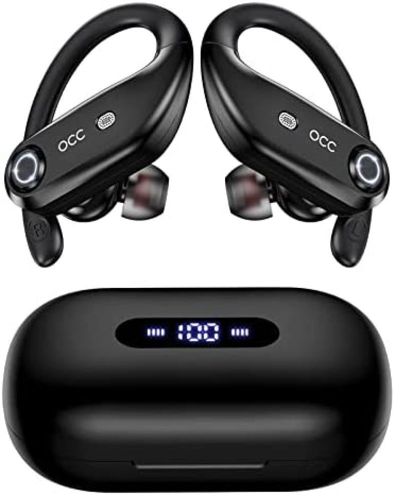 occiam Wireless Earbuds Bluetooth Headphones 100H Playback 4 Mics Clear Call Waterproof 2200mAh Wireless Charging Case Over Ear Buds in-Ear Earphones with Earhooks for Sports Running Workout Black