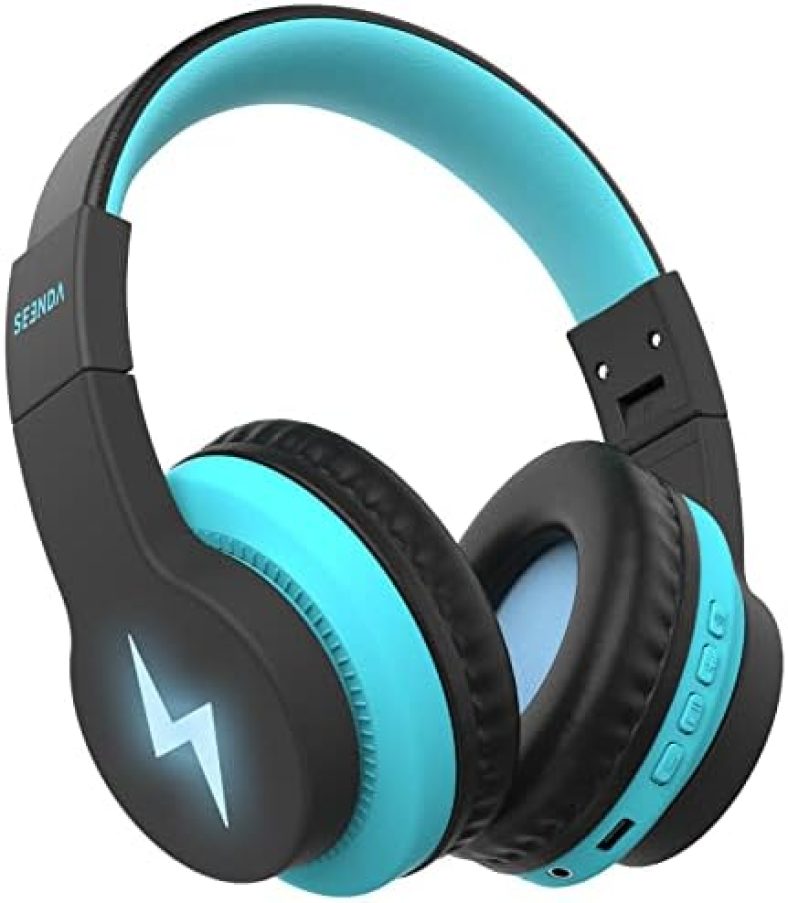 seenda Kids Bluetooth Headphones, Colorful Wireless Over Ear Headset with 85dB/94dB Volume Limited, 45H Playtime, 3 Lighting Modes, Built-in Mic Headphones for Boys Girls iPad Tablet School Blue