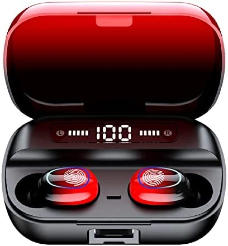 Bluetooth Earbuds Wireless Ear Buds Touch Control Wireless Earphones with HiFi Stereo Audio, Noise Reduction, IPX7 Waterproof Headphones, LED Charging Case, Built-in Mic for Sport/Work/Travel Red