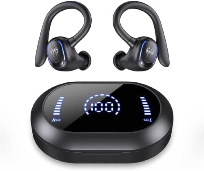 PSIER Wireless Earbuds Bluetooth Headphones 50 Hours Playtime Bluetooth 5.3 Digital LED Display Over-Ear Earphones with Earhook Sports Headphones IPX7 Waterproof Headsets with Mic for Running Workout