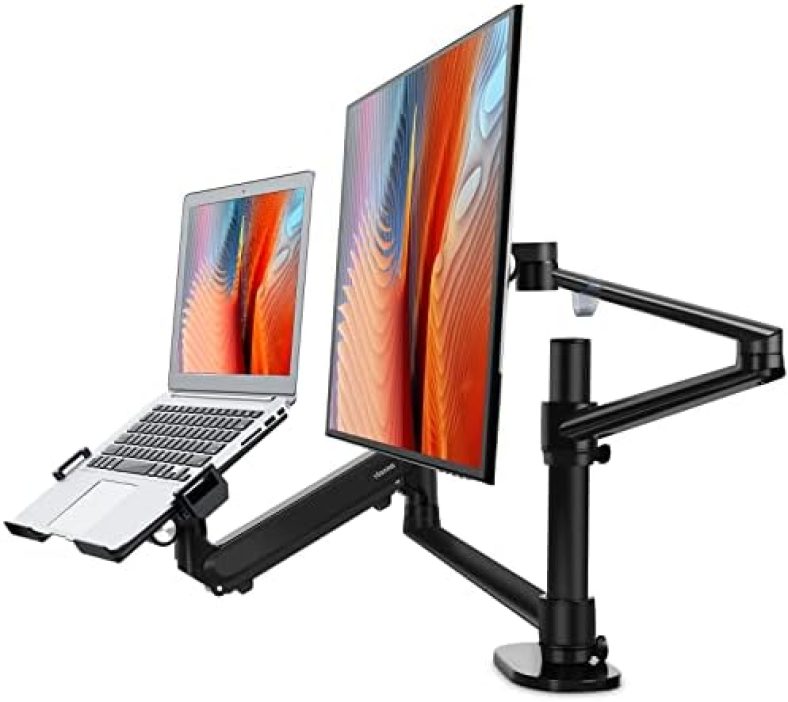 Viozon Monitor and Laptop Mount, 2-in-1 Adjustable Dual Monitor Arm Desk Stand, Single Gas Spring Arm with Laptop Tray for 12-17″ Laptop. Single Arm Stand/Holder for 17-32″ Computer Monitor(3L-Pro-b)