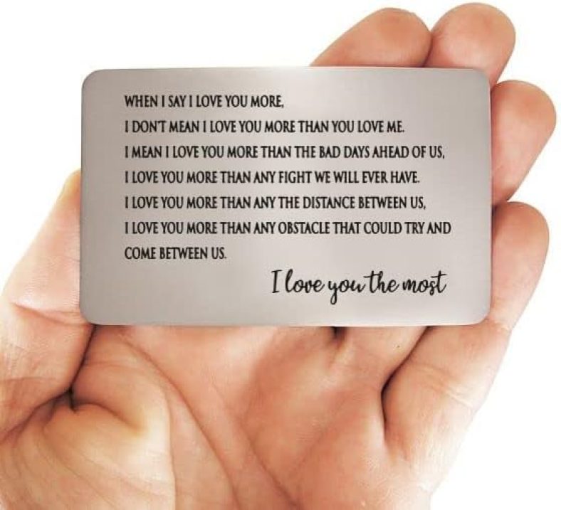 I love you the most Stainless Steel Engraved Wallet Insert Sentimental Keepsake Personalized Card for Him Husband Boyfriend Gifts Anniversary Birthday, Metal Men, Silver, 2×3 Inches