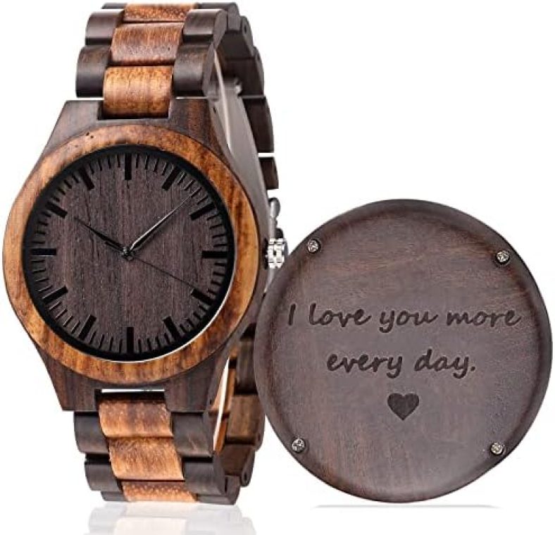 Fodiyaer Engraved Wood Watch for Men Boyfriend Husband Him As Personalized Anniversary Christmas Birthday Father Day Wooden Gifts Idea