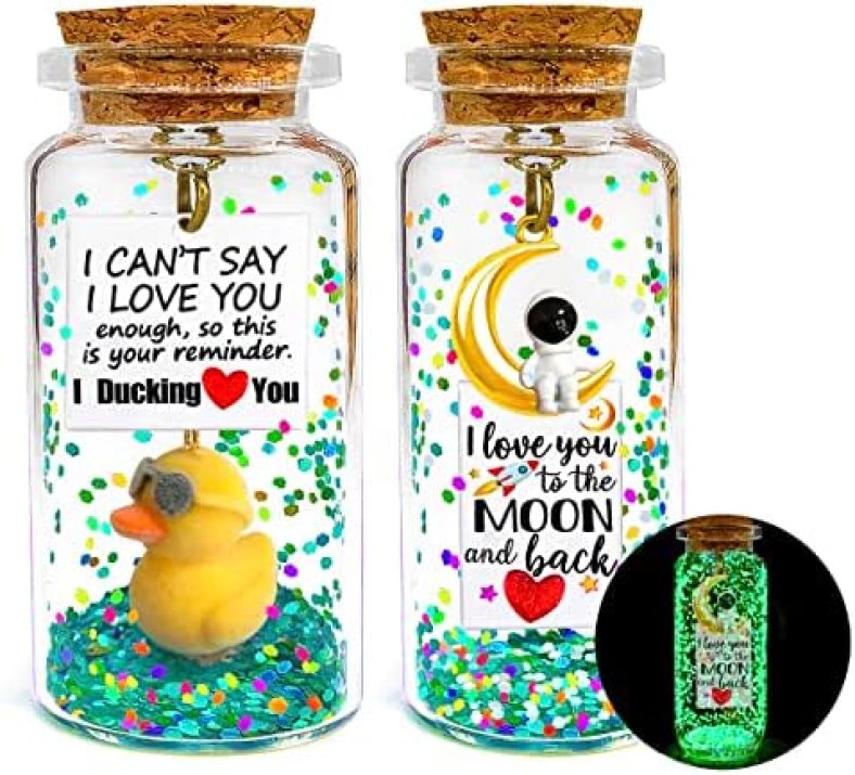 Set of 2 Anniversary I Love You Message in a Bottle Presents Cute Romantic Valentines Gifts for Him Her Boyfriend Girlfriend Husband Wife – I Ducking Love You – Glow I Love You to the Moon and Back