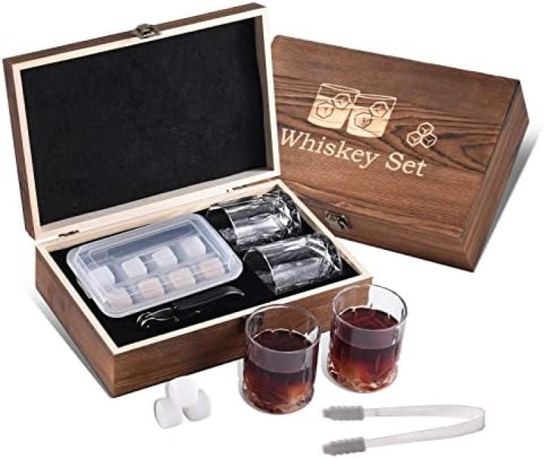 EooCoo Whiskey Stones Gift Set of 11 with Wooden Gift Box with Glasses, Drinking Gifts for Dad Husband Him, Ideas for Anniversary Birthday Wedding Housewarming with Wooden Gift Box