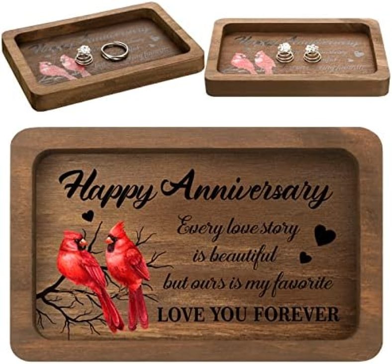 Gerrii 5th Anniversary Wood Gift 5 Years Rectangle Engraved Tray 5th Year Wedding Anniversary Wood Gifts for Him Husband Wife Trinket Dish Solid Wood Jewelry Display Tray for Rings Watch