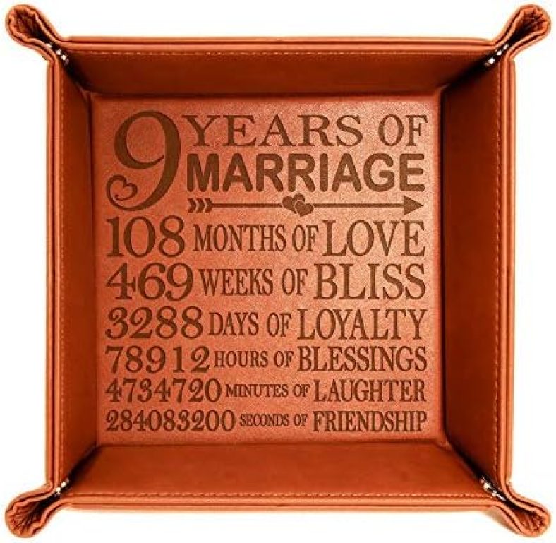 KATE POSH 9 Years of Marriage Engraved Leather Catchall Valet Tray, Our 9th Wedding Anniversary, 9 Years as Husband & Wife, Gifts for Her, for Him, for Couples (Rawhide)