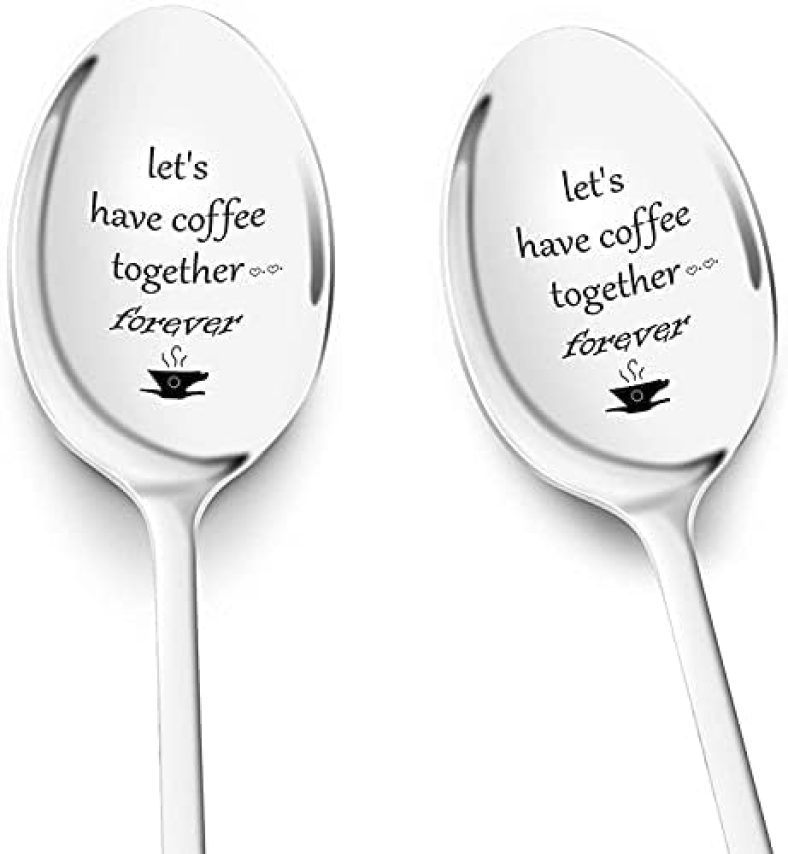 PRSTENLY Anniversary Birthday Gifts for Her Him Engraved Coffee Spoon, 2 Pcs Personalized Stainless Steel Spoon Couple Gifts, Valentines Day Wedding Engagement Gifts for Couples