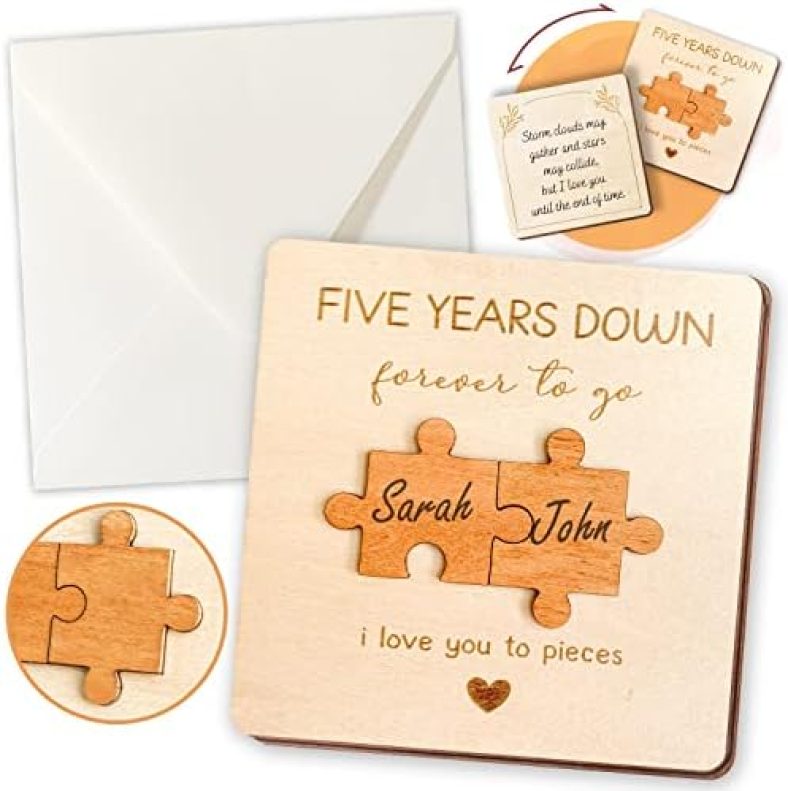 STOFINITY 5 Year Anniversary Card for Couple – 5th Funny Happy Anniversary Cards for Him Her, Five Years Wedding Anniversary Wood Gifts for Husband Wife, Wooden Fifth Marriage Anniversary Wood Card