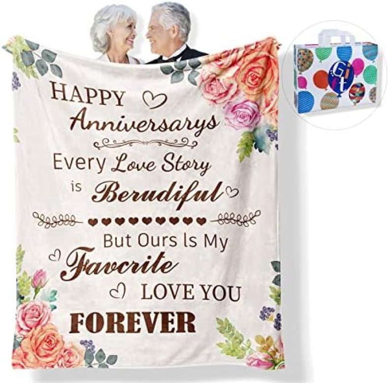 Holintan Gifts for Anniversary Blanket, Wedding Anniversary Blanket Gifts for Him Her Wife Husband Men,Happy Anniversary for Couple Girlfriend Boyfriend Gifts Blanket 60″X 50″