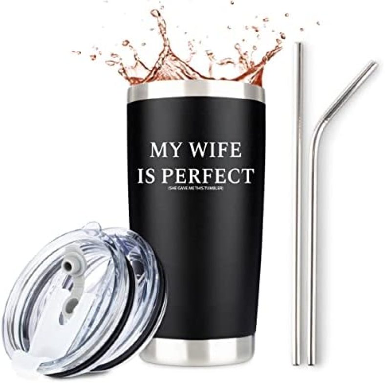 JENVIO Husband Gifts from Wife | My Wife is Perfect | Stainless Steel Travel Tumbler with 2 Lids 2 Straws Gift Box and Card | Funny Cup Happy For Mens From Anniversary Stuff