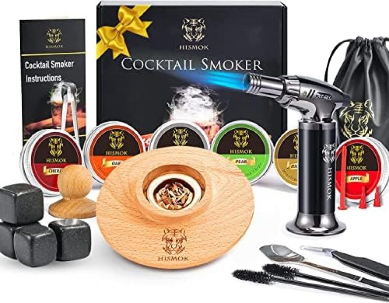 Cocktail Smoker Kit with Torch by HISMOK – Bourbon Whiskey Drink Smoker with 6 Wood Chips & 4 Marble Ices,Old Fashioned Cocktail Kit Anniversary/Birthday/Unique Gifts for Men/Dad/Father/Husband(No Butane)