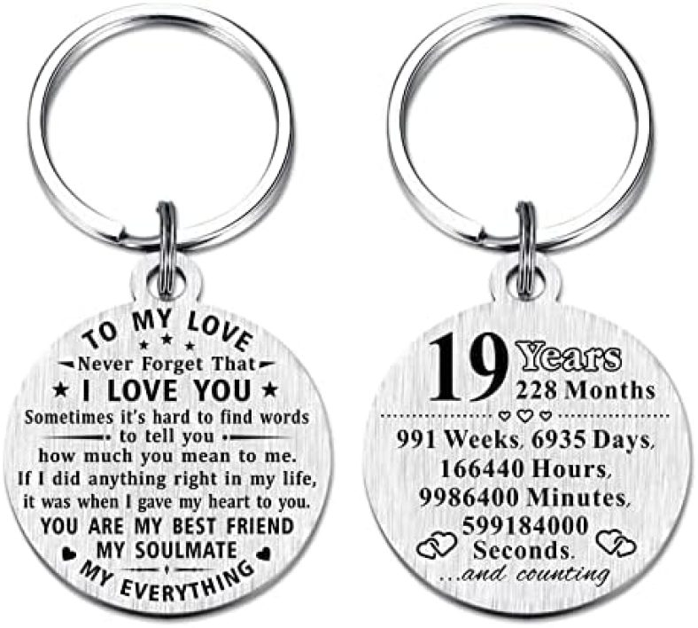 19th Anniversary Keychain Gifts, Steel Engraved 19 Year Anniversary Decorations, Happy Nineteen Year Anniversary for Men Husband Women Wife