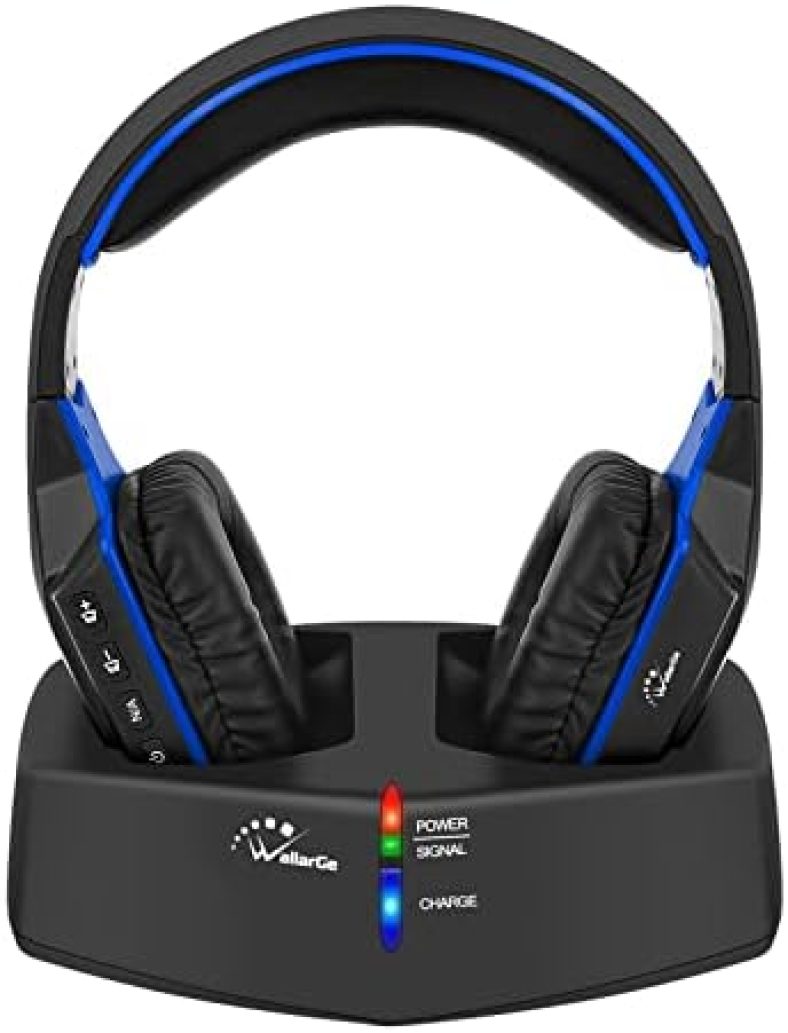 WallarGe Wireless Headphones for TV Watching with 5.8GHz RF Transmitter Charging Dock, Plug and Play, 100 Ft Wireless Range, Rechargeable 20 Hour Battery (Black with Blue)