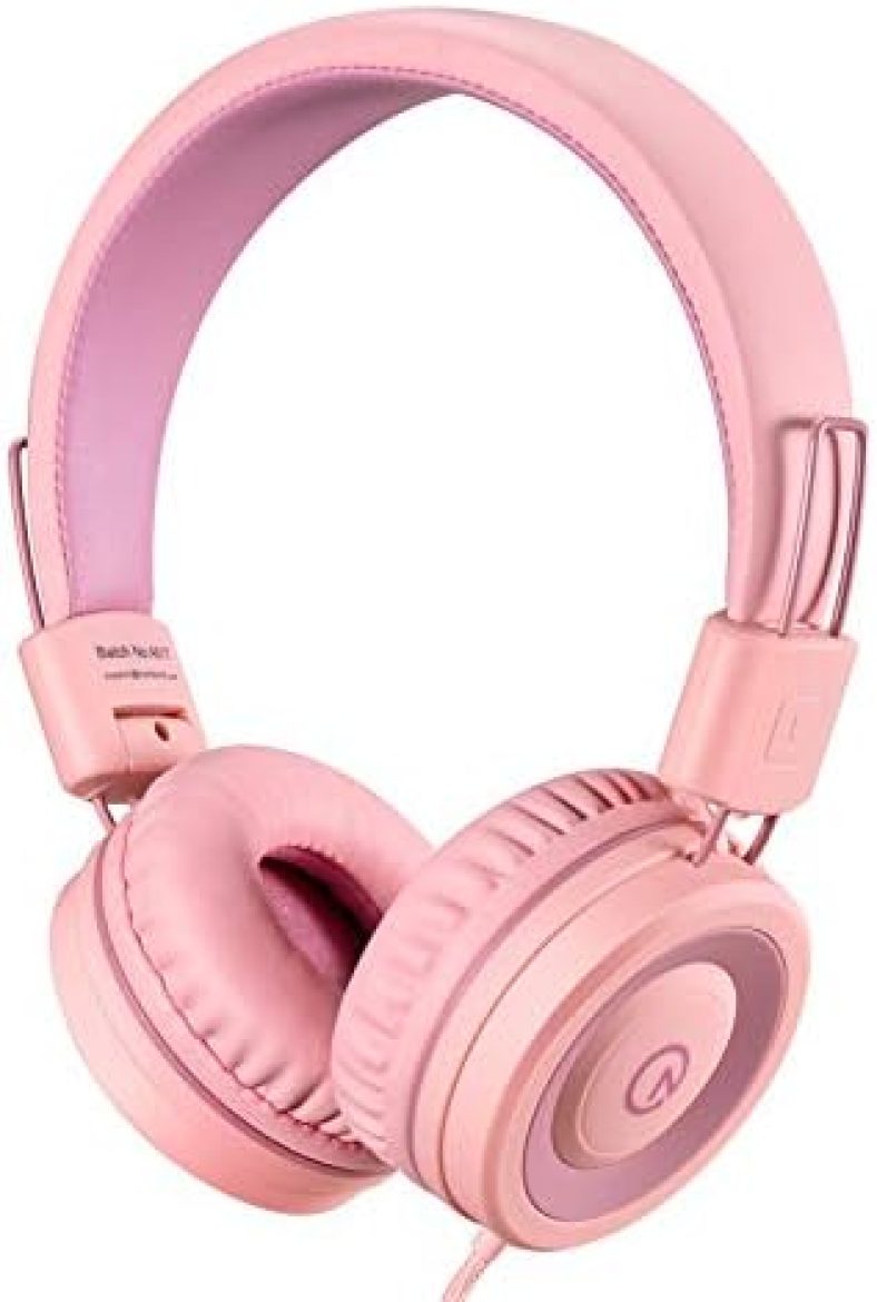 Kids Headphones-noot products K11 Foldable Stereo Tangle-Free 5ft Long Cord 3.5mm Jack Plug in Wired On-Ear Headset for iPad/Amazon Kindle,Fire/Girls/Boys/School/Laptop/Travel/Plane/Tablet-Soft Pink