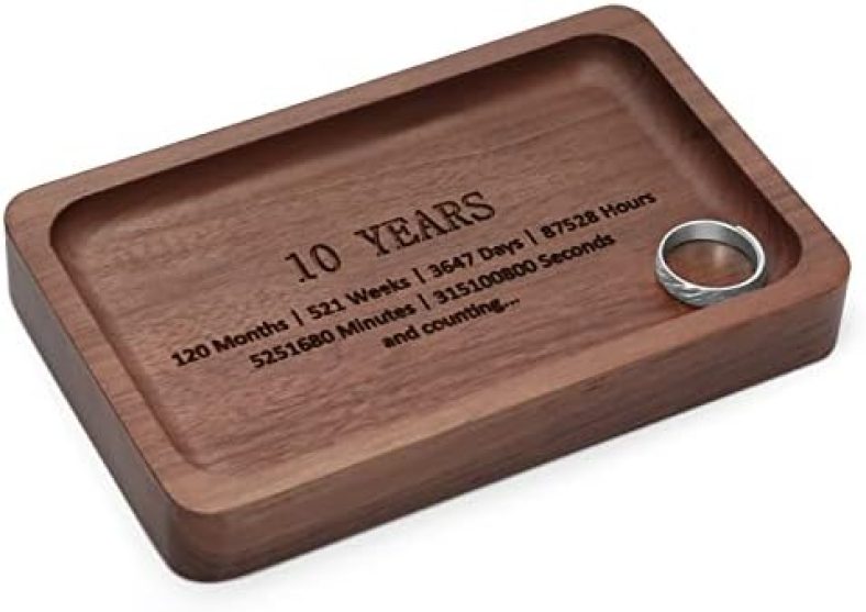 10 Years Anniversary Walnut Wood Tray Gifts for Him / Her, 5.5×3.5 Inch Wooden Engraved Ring Dish, Wood Trinket Dish Gift for 10 Years Wedding Anniversary Valentines Day Gifts for Husband Wife.