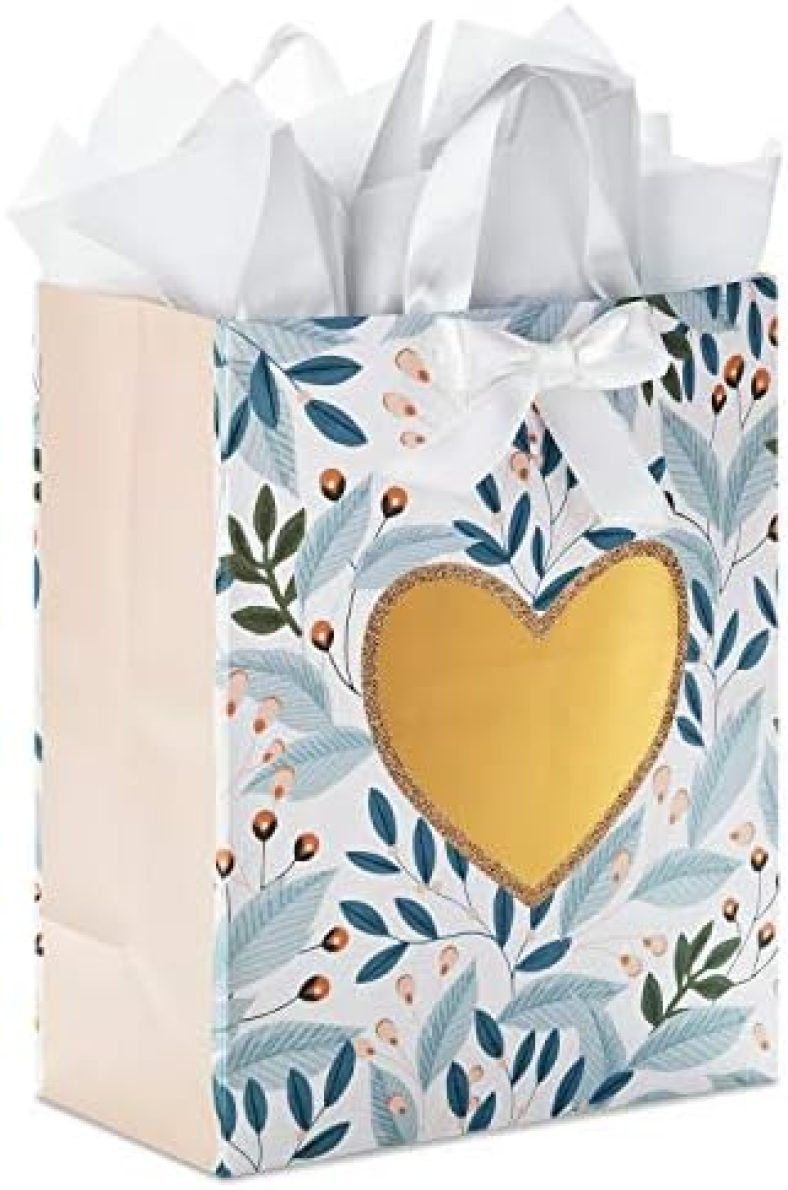 Hallmark 13″ Large Gift Bag with Tissue Paper (Green Foliage, Gold Heart) for Weddings, Engagements, Anniversaries, Bridal Showers, Christmas, Valentine’s Day (0005WDB1166)