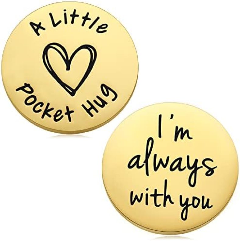 MIXJOY 2-Sided Pocket Hug Gifts – I’m Always with You Stainless Steel Coin with PU Leather Keychain, I Love You Long Distance Gift for Her Him, Anniversary Birthday Gifts for Husband Boyfriend, Gold