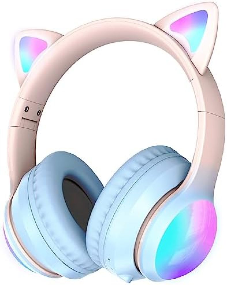 Bluetooth Headphones for Kids, Kid Odessey Cat Ears Wireless Kids Headphones, Bluetooth 5.3, 50H Playtime, 84/94dB Volume Limited, Colorful LED Lights, Built-in Mic Over-Ear Headsets for iPad/Tablet