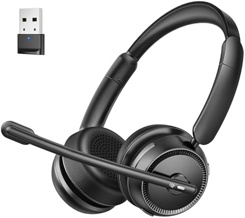 Pointcinco Bluetooth Headset with AI Noise Canceling Microphone, Stereo HiFi Bluetooth Headphones, Wireless Headset with USB Dongle for Computer Office Call Center Skype Zoom Meeting Trucker