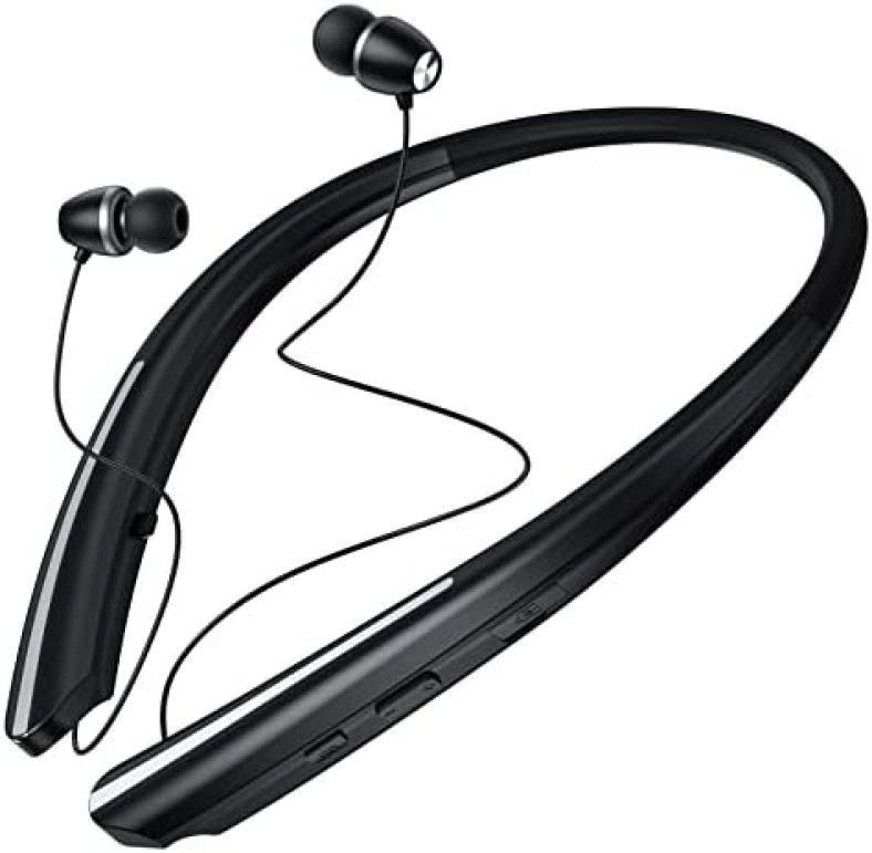 Neckband Bluetooth Headphones, Wireless Neckband Headset Retractable with Sweatproof Stereo Earbuds Call Vibrate Alert Earphones with Mic Compatible with iPhone, Android, iPad, Samsung (Silver Black)