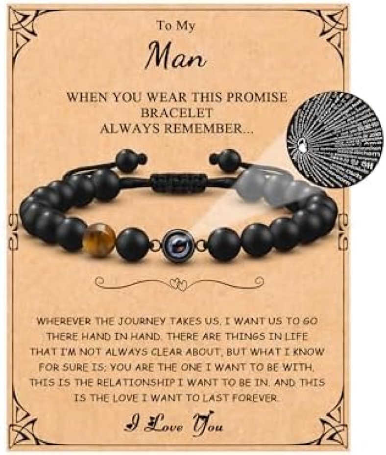 𝟭𝟬𝟬 𝗟𝗮𝗻𝗴𝘂𝗮𝗴𝗲𝘀 𝗜 𝗟𝗼𝘃𝗲 𝗬𝗼𝘂 𝗕𝗿𝗮𝗰𝗲𝗹𝗲𝘁 for Men Gifts for Son Husband Boyfriend Grandson Brother Dad Nephew, Natural Black Agate And Tiger’s Eye Stones Adjustable Size 7.3-10 Inches