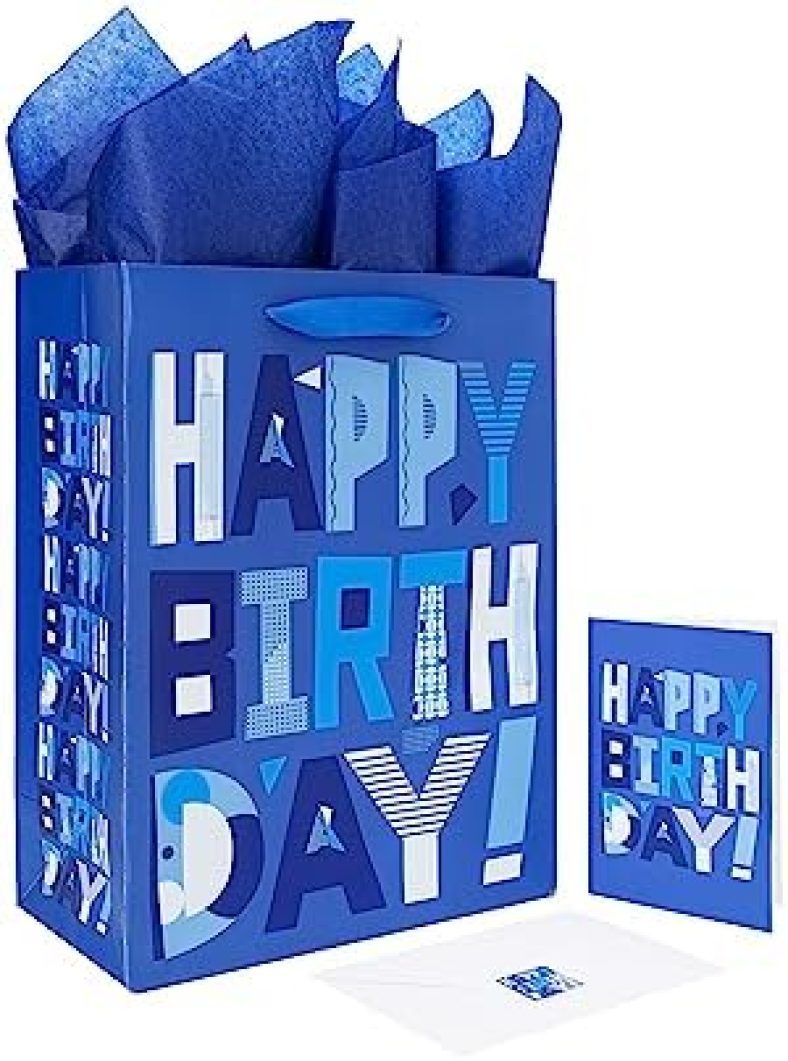 13″ Large Blue Gift Bags Set with Greeting Card and Tissue Papers (Blue Happy Birthday) for Men’s Birthday Party, Kids’ Parties, Baby Shower, or Baby Boy – 13”x10.2”x5.2”, 1 Pcs