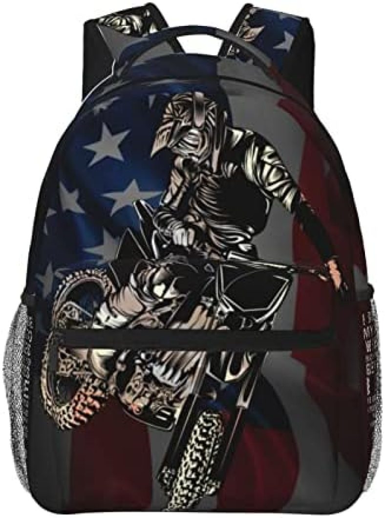 FuriTou Motocross Dirt Bike American Flag Backpack Motorcycle Biker Double Shoulder Bag Laptop Bagpack for Men Women Bookbag for Work Camping Travel