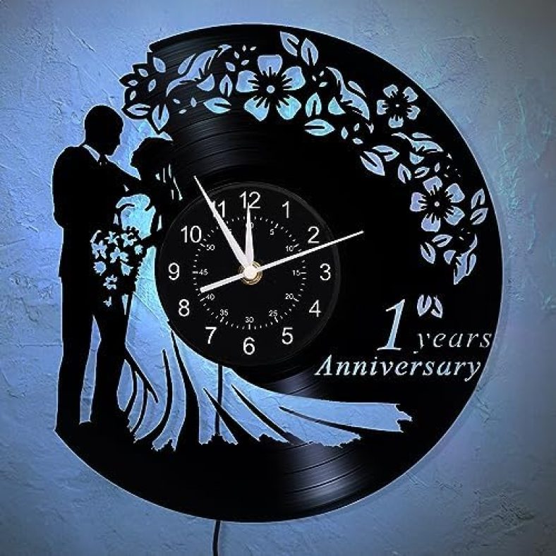 Hlytylh 1 Year Anniversary Vinyl Record Wall Clock Gifts,Creative with 7 Color Night Light Clock 12 Inches Handmade Home Decor Gifts for Lover, Boyfriend, Girlfriend, Husband, Wife(1 Years)