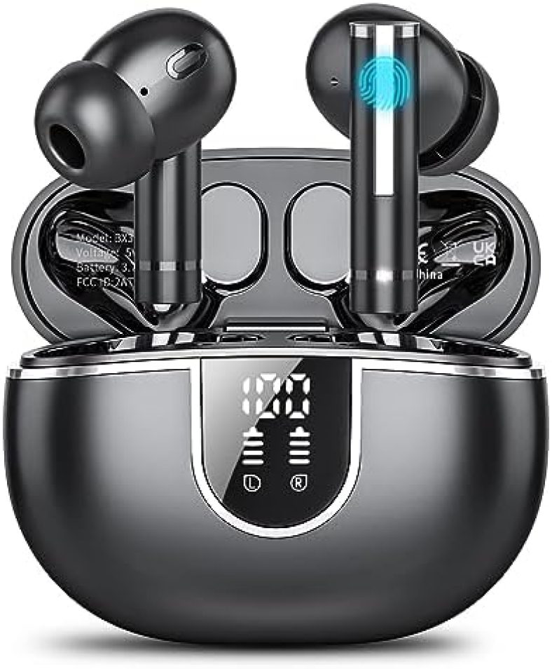 Wireless Earbuds Bluetooth Headphones 5.3, 50H Playtime Bluetooth Earbuds Built in Noise Cancellation Mic with LED Digital Display Charging Case, IPX7 Waterproof Ear Buds for iPhone Android (Black)