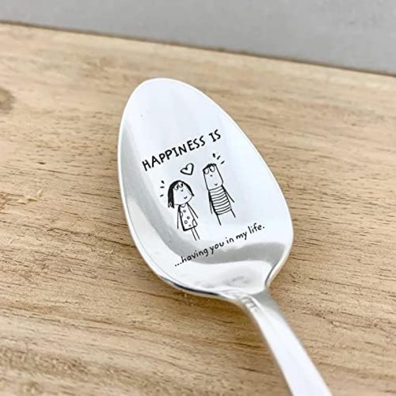 BIGEVENTS Happiness is having you in my life anniversary Love Gifts for Him Her Romantic Wife Husband Boyfriend Girlfriend Spooning Partners for Life Engraved Stainless Steel spoon, Silver, 7 (A3)