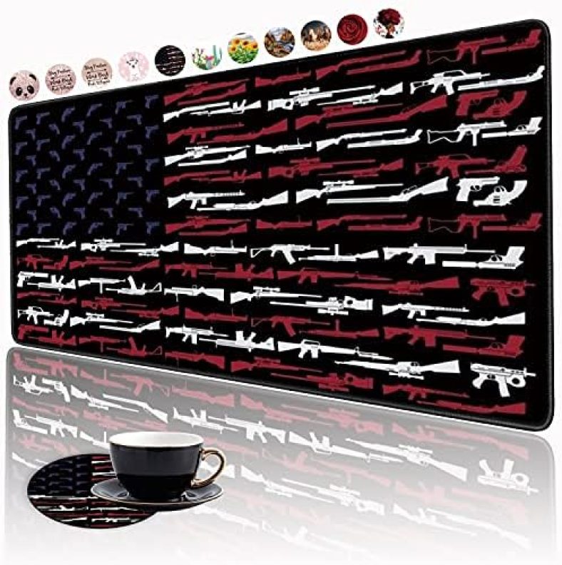 XXL Large Gaming Mouse Pad , Ergonomic Larger Extended Gaming Mouse Pad Non-Slip Rubber Base for Work Gaming Office Home Computer + Cup Coaster , American Gun Flag USA