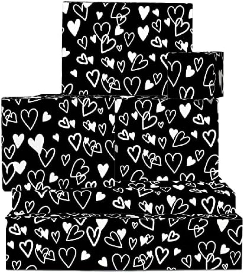 CENTRAL 23 Black Wrapping Paper – For Birthday Anniversary Valentine – 6 Sheets Gift Wrap – Heart Wrapping Paper – For Men Women Him Her – Recyclable