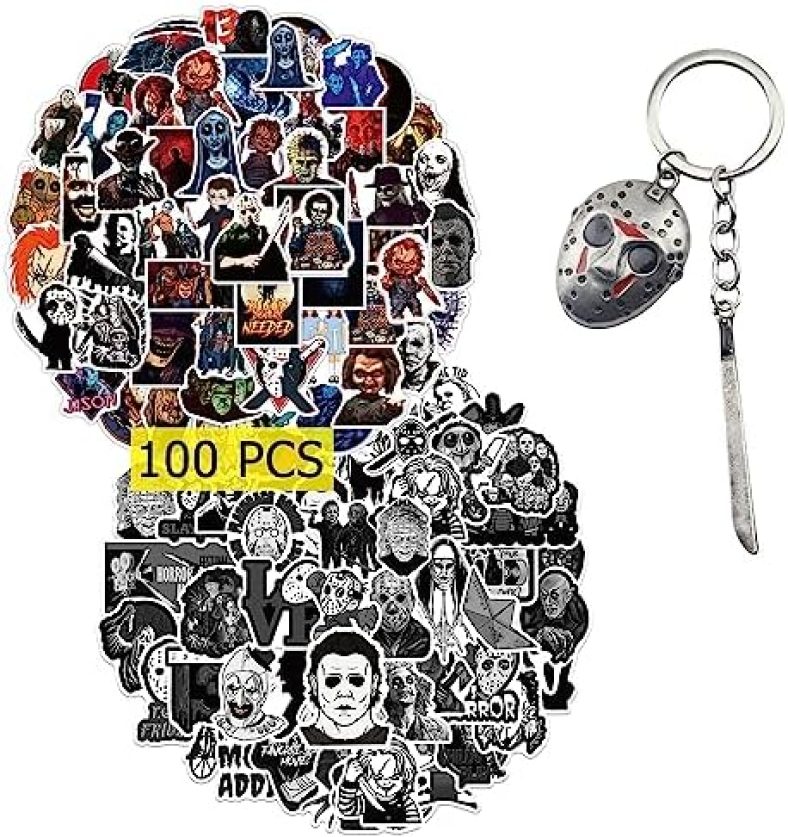 Kilmila Horror Movie Stickers 100Pcs （with Keychain Decoration） Gifts Merch Party Supplies for Computer Luggage Laptop Teens Girls