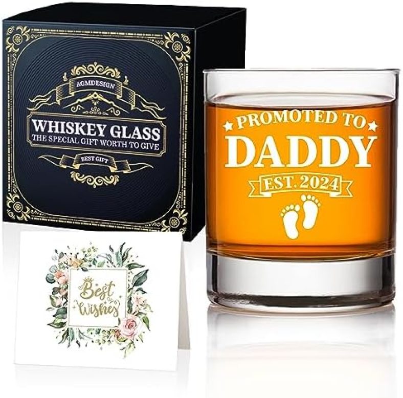 AGMDESIGN Promoted To Daddy 2024 Whiskey Glass, Funny Birthday Gifts for Him, Husband, Dad, Stepdad, Grandfather, New Dads Whiskey Glass Gift, Father’s Day, Birthday Gift, Pregnancy Announcement