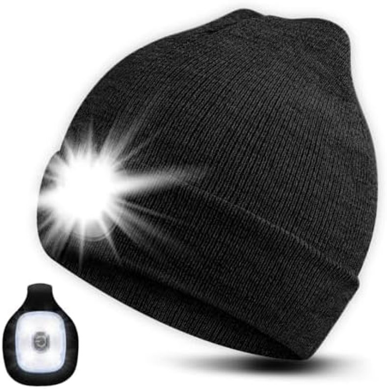 ANGTUO Gifts for Men Women, Black Beanie with Light, 2pcs Headlamp, Stocking Stuffers for Adults, Beanie Hats for Mens Womens Gifts for Christmas Birthday Anniversary Boyfriend Dad Mom Husband