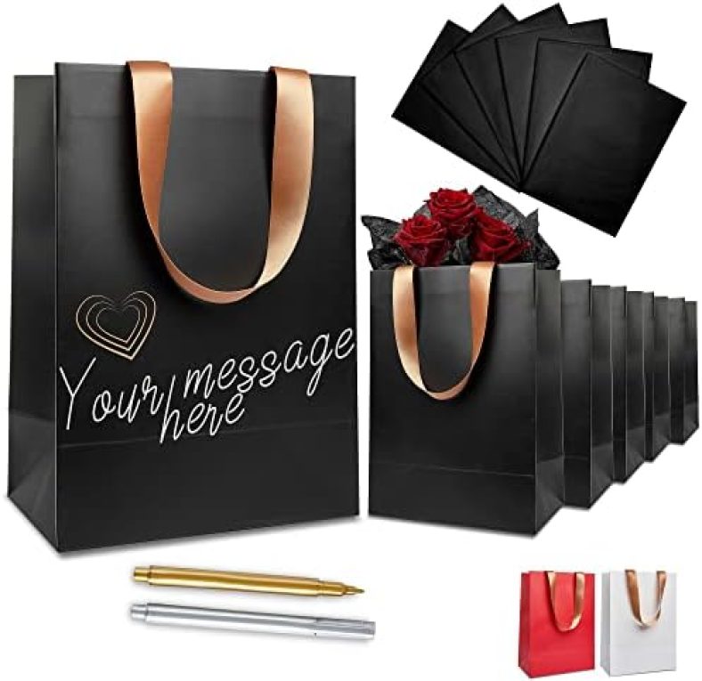 Anavego Set of 6 Personalizable Matte Black Gift Bag Sturdy. 8×10 Gift Bags Medium Size with Tissue Paper. Black Gift Bags with Handles from Gold Satin. Birthday Bag for Women Men