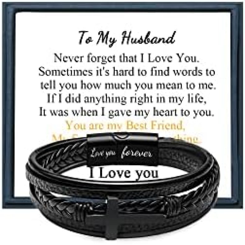 Cross Bracelet Gifts for Men Birthday Christmast Braided Leather Bracelet for Boyfriend Son Grandson Brother Son Men’s Christian Gifts 7.5/8.5/9 inches Wristband